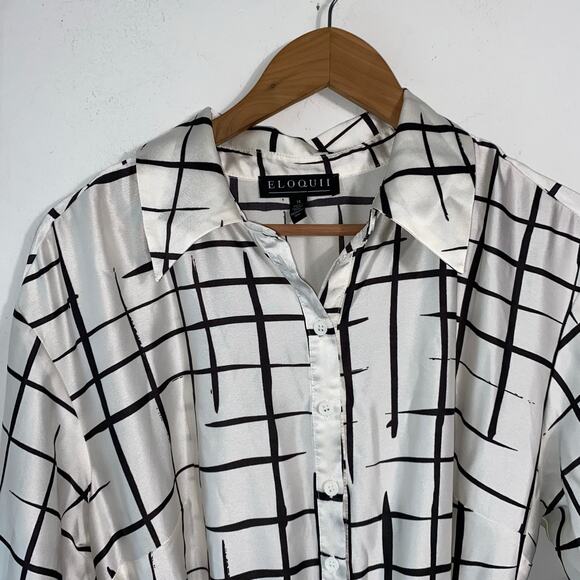 Eloquii 14 Windowpane Pleated Dress Belted‎ Long Maxi White Black Check Career - Picture 3 of 9